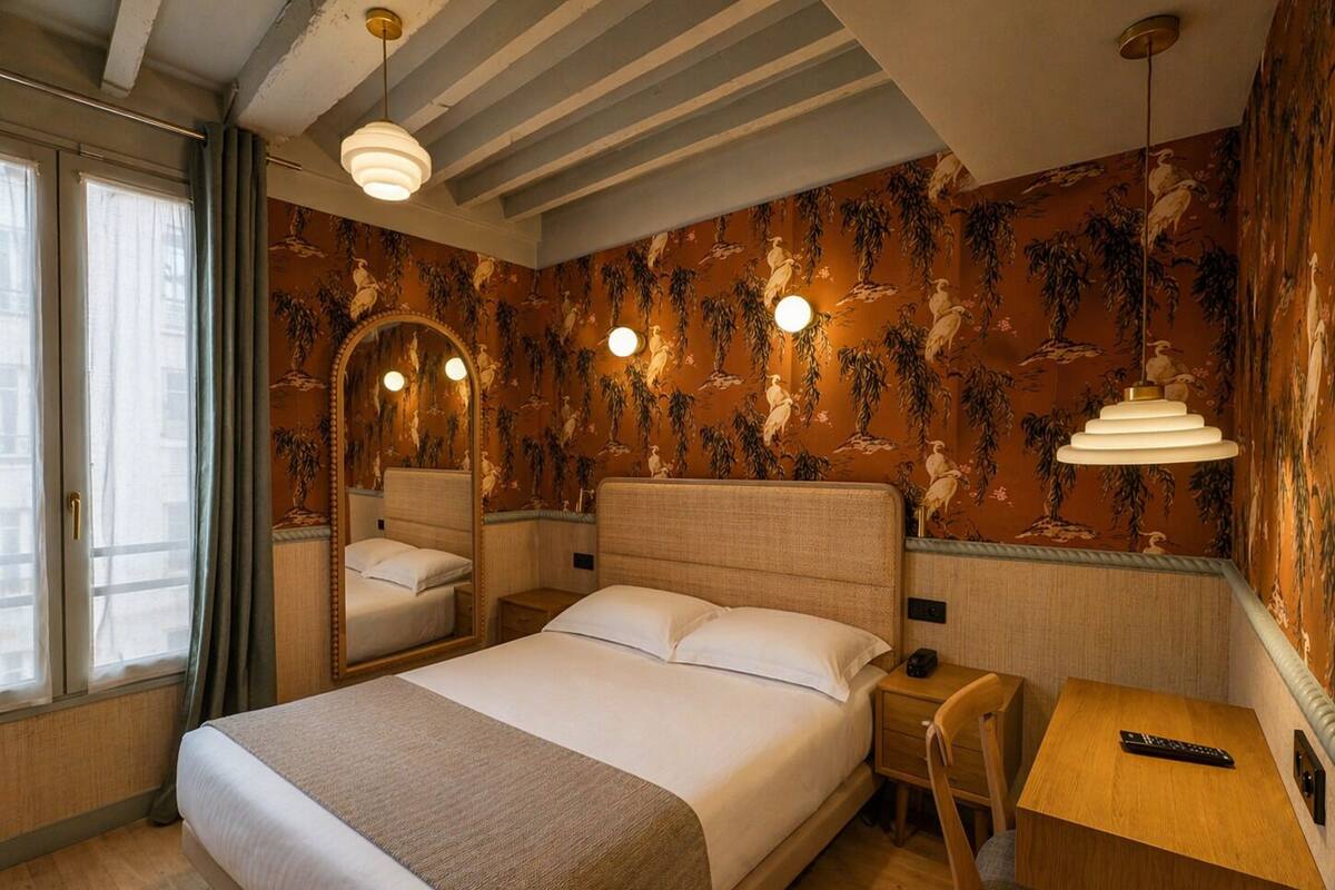 Une chambre d’hôtel avec un grand lit, un bureau, une chaise, un miroir et une fenêtre avec des rideaux.