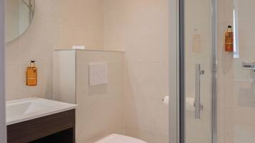 A modern bathroom with a glass shower enclosure, a white sink, and a toilet.