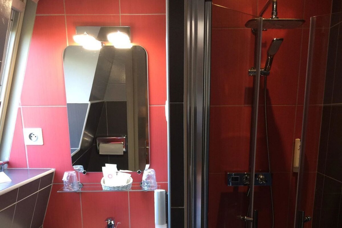 A modern bathroom with a white sink, a mirror, and a glass-enclosed shower.