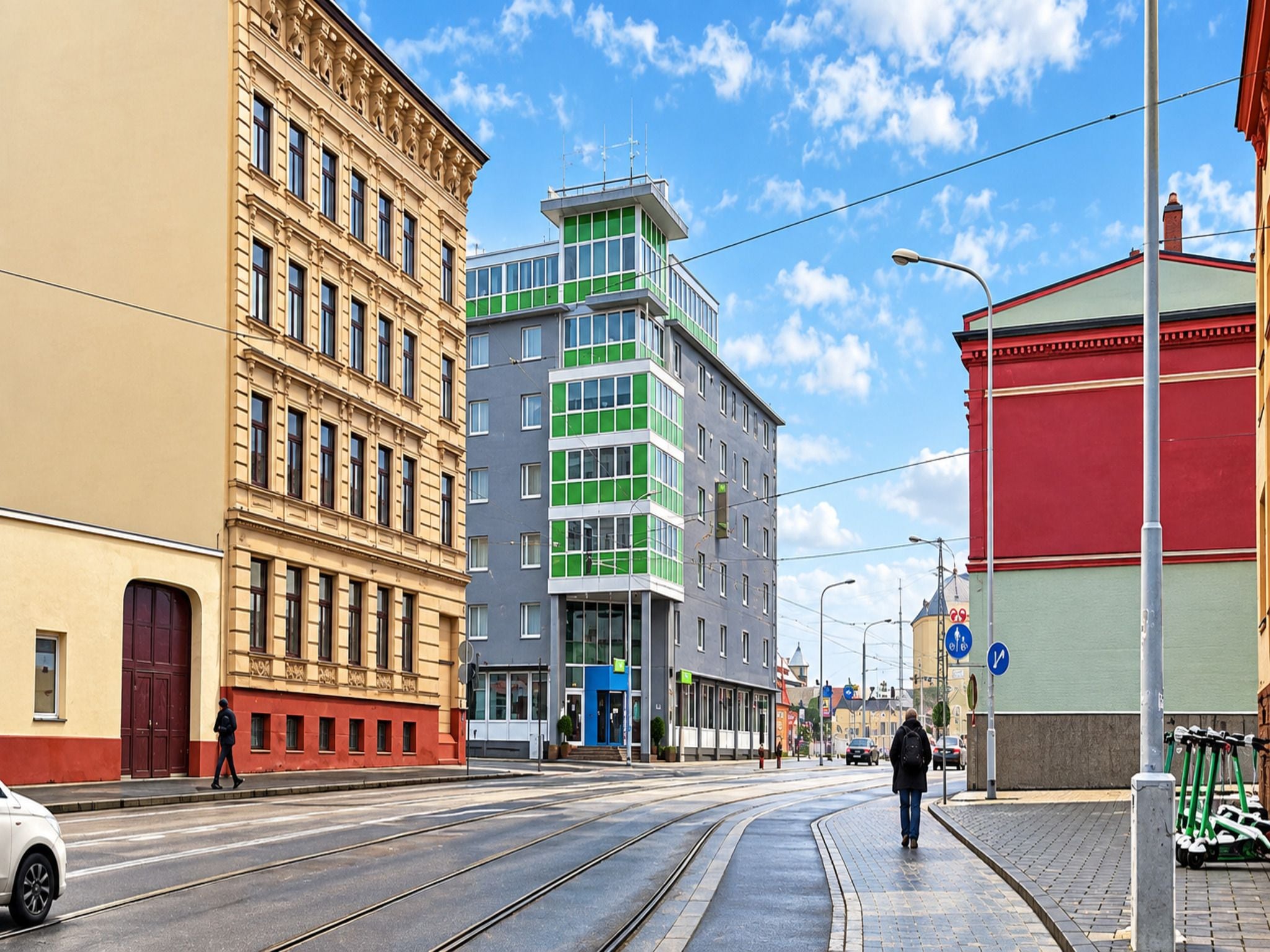 A street with tram tracks, a building with a green and gray facade, and a red building with a tower.