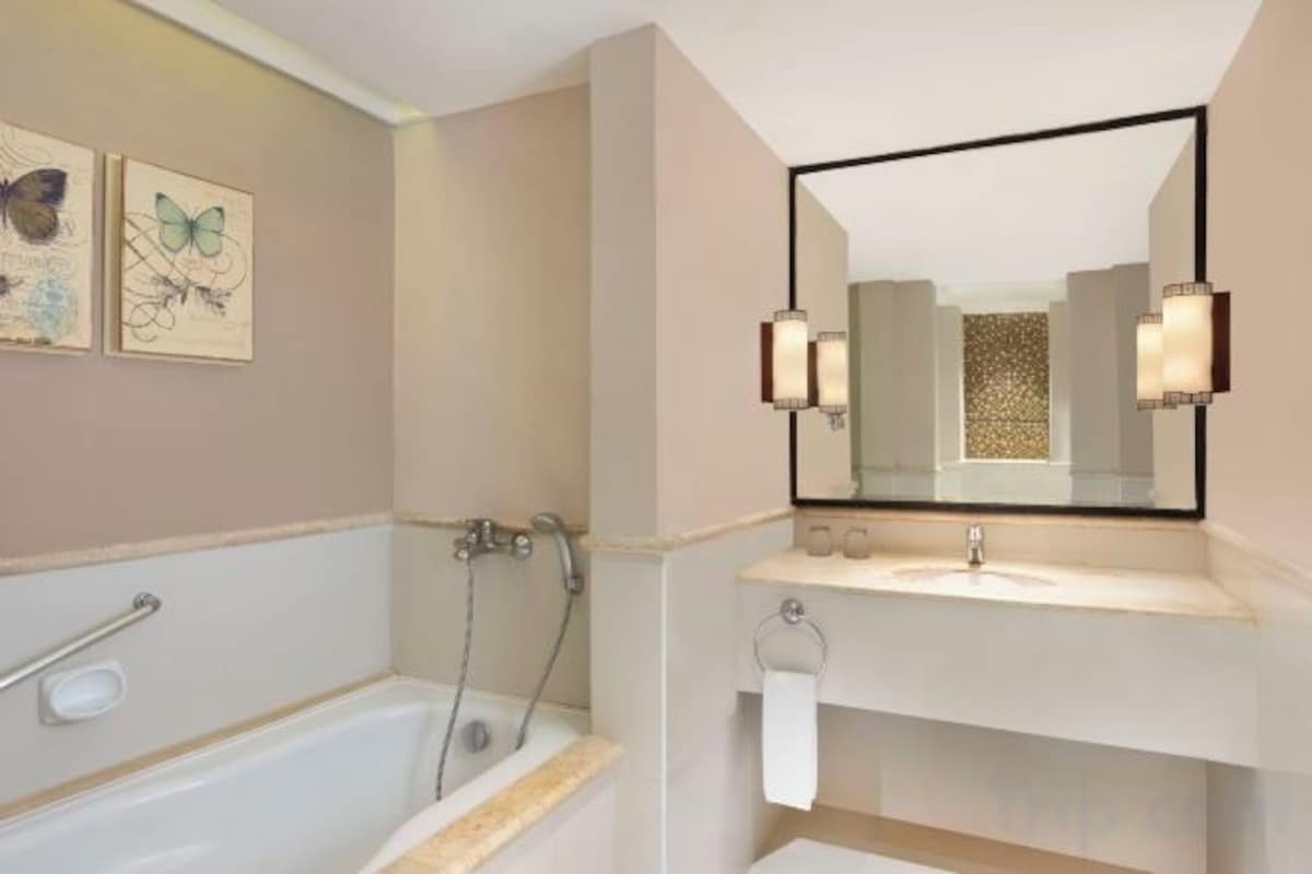 Rainfall showerhead, hair dryer, bathrobes, slippers