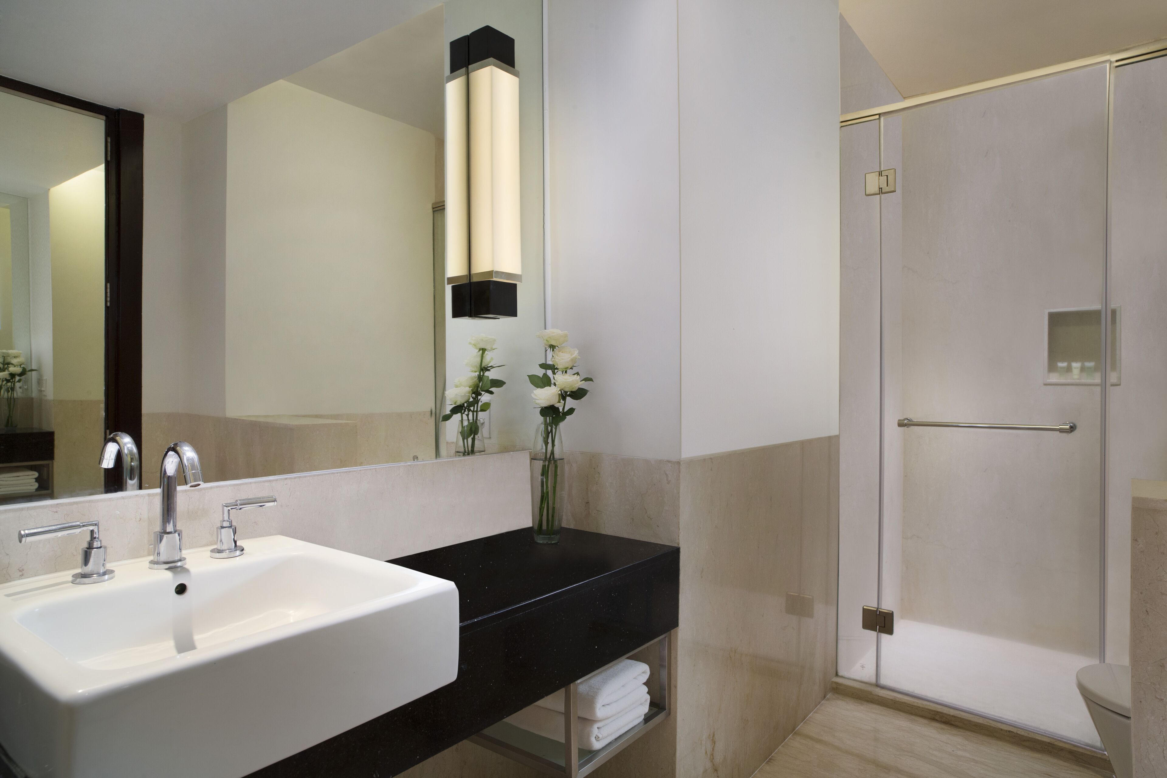 A modern bathroom with a large sink, mirror, and a glass-enclosed shower.