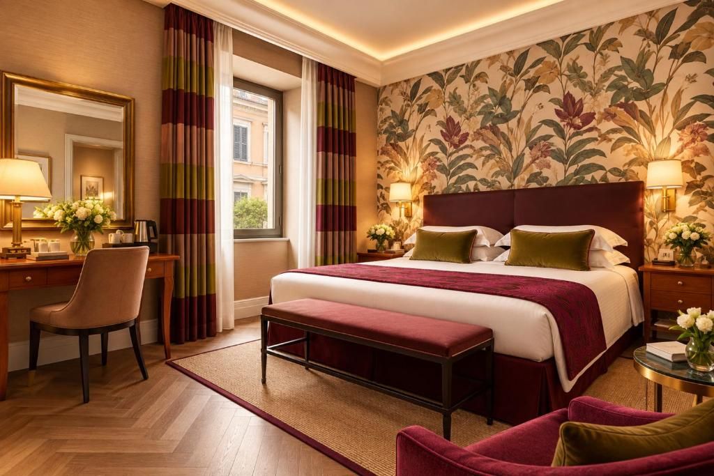 Quarto de hotel com cama grande, escrivaninha, cadeira, banco e mesa de cabeceira com luminária.