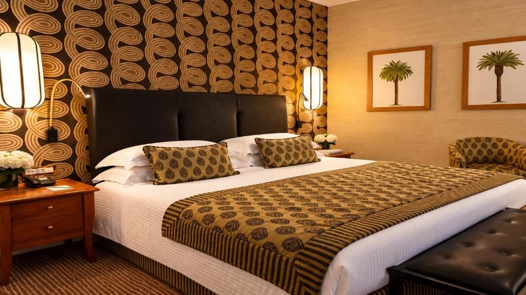 Habitación de hotel con una cama grande, cabecero, mesita de noche, lámpara y dos cuadros en la pared.