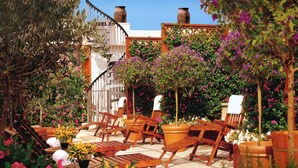 Un patio iluminado por el sol con muebles de madera, plantas en macetas y un cielo azul despejado.