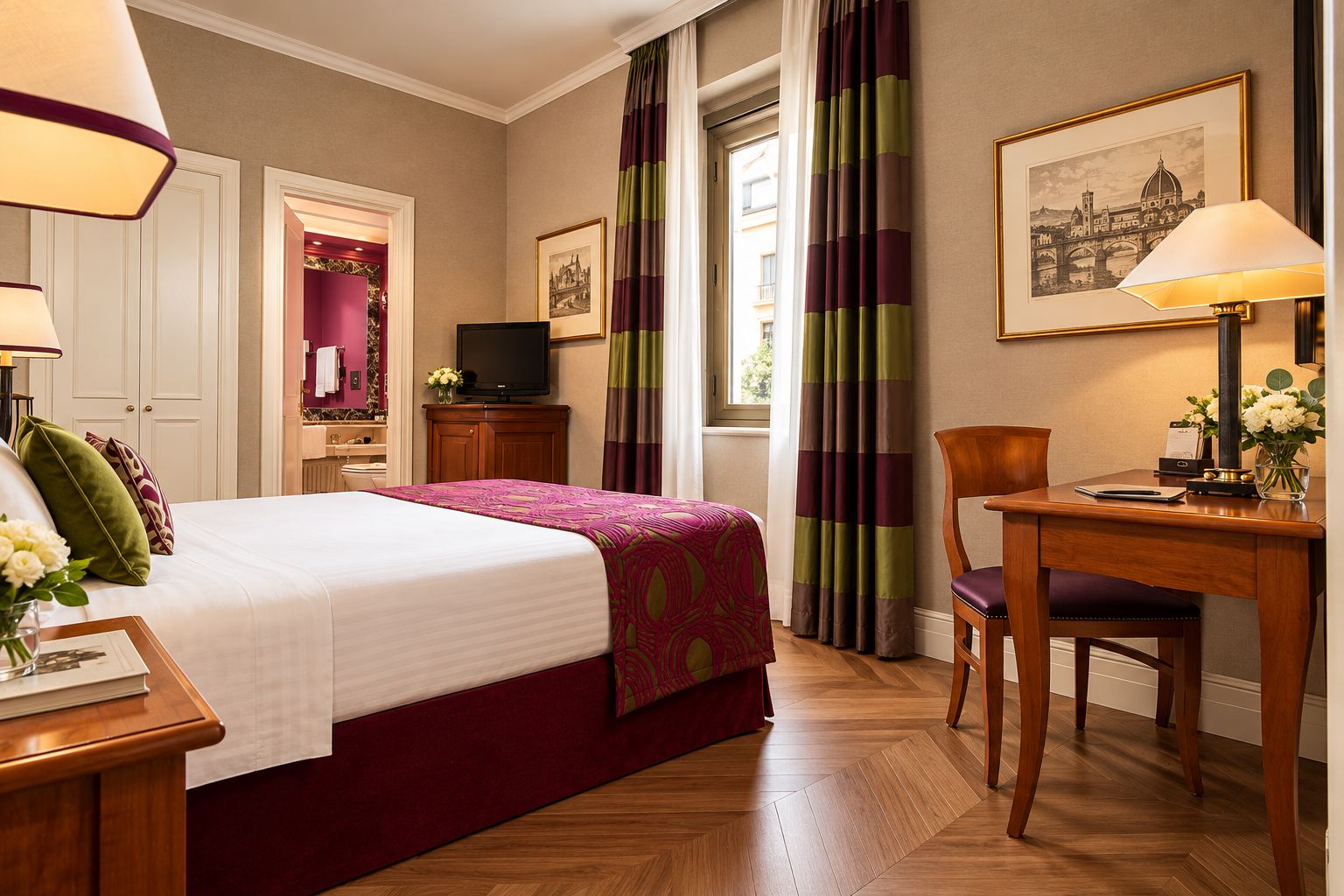 A hotel room with a bed, a desk, a chair, a television, and a window with curtains.
