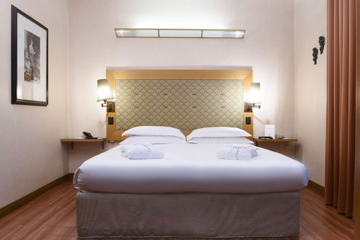 A hotel room with a large bed, bedside lamps, a telephone, and a framed picture on the wall.