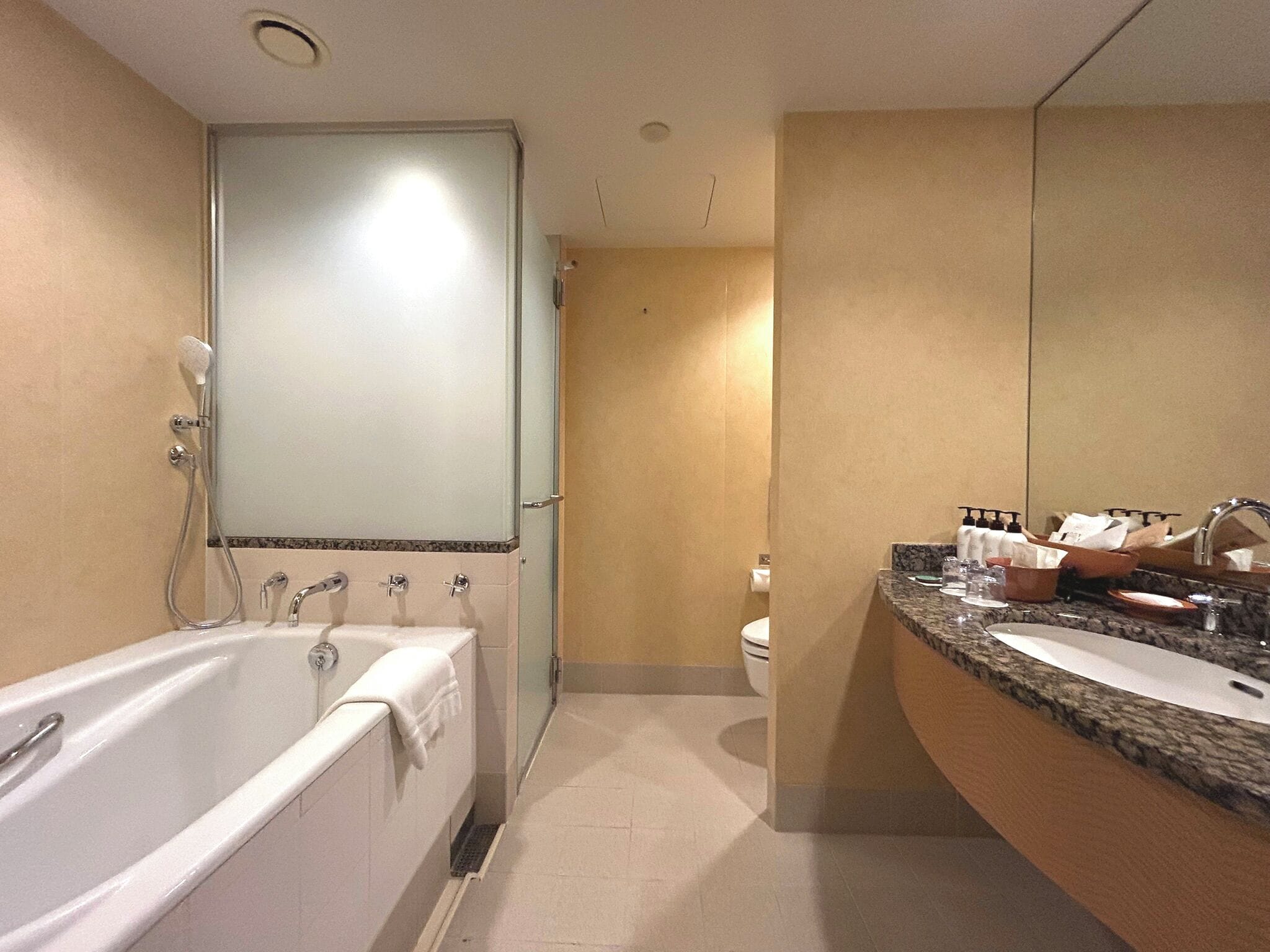 A modern bathroom with a bathtub, a vanity with a sink, and a toilet.