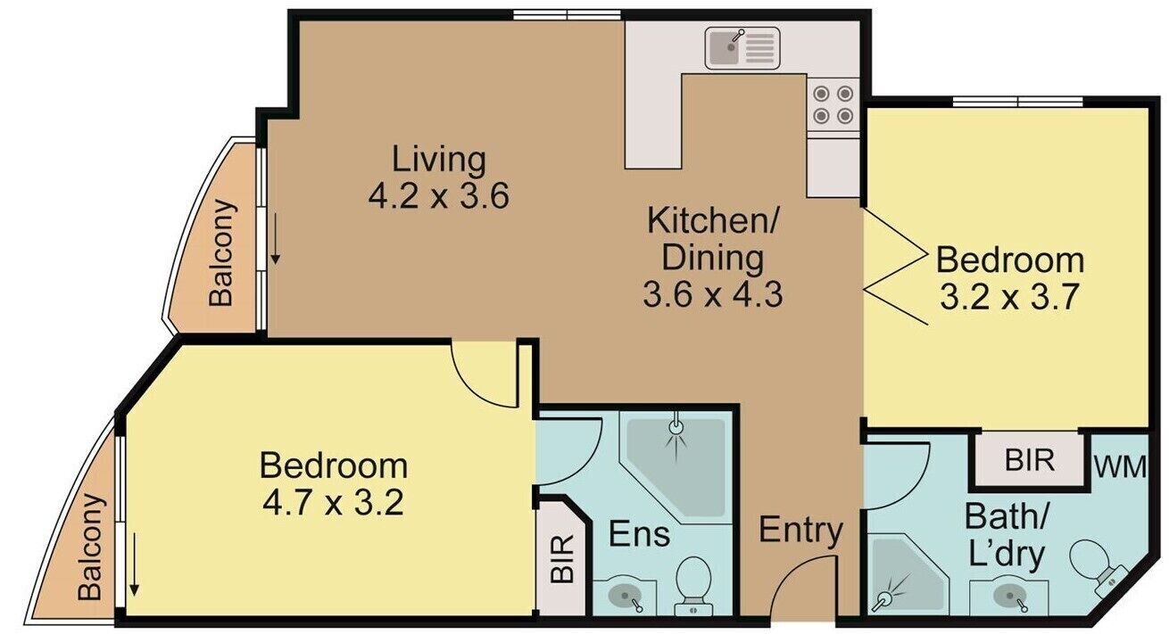 Plano de planta con sala de estar, cocina-comedor, dos dormitorios, un balcón, un baño y una entrada.