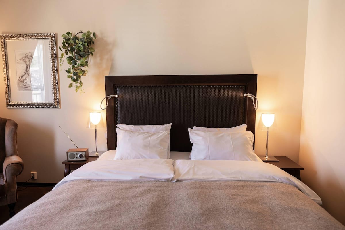 A neatly made bed with white linens, a dark headboard, bedside lamps, a framed picture, and a hanging plant.