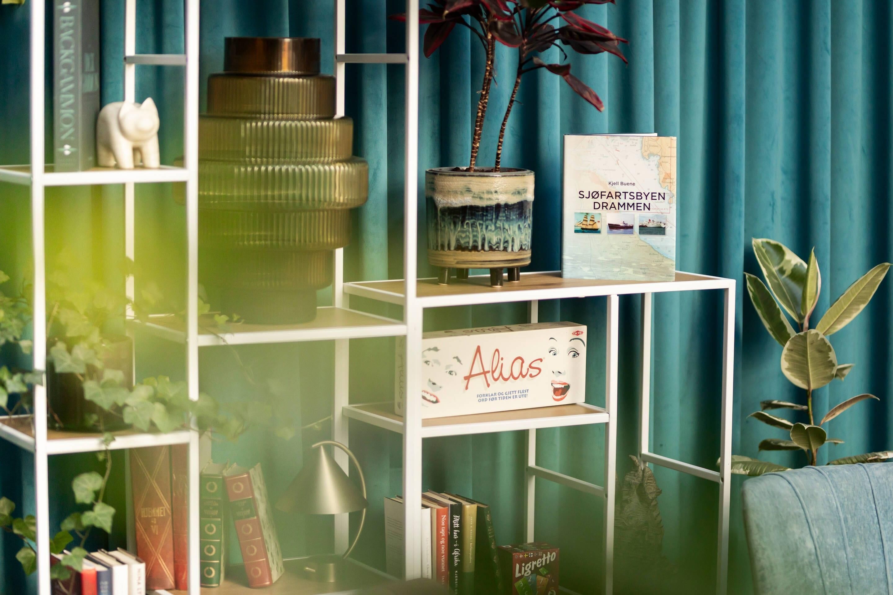 A bookshelf with books, a map, and a small plant.