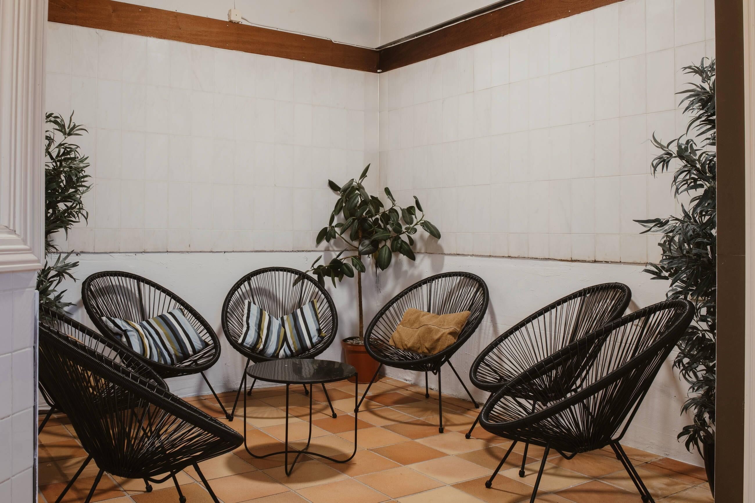 A corner with four black wireframe chairs, a potted plant, and a tiled floor.