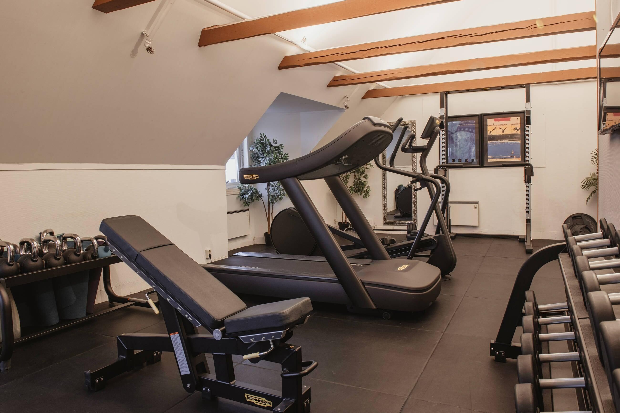 Une salle de sport équipée de tapis de course, d’haltères et de bancs de musculation.