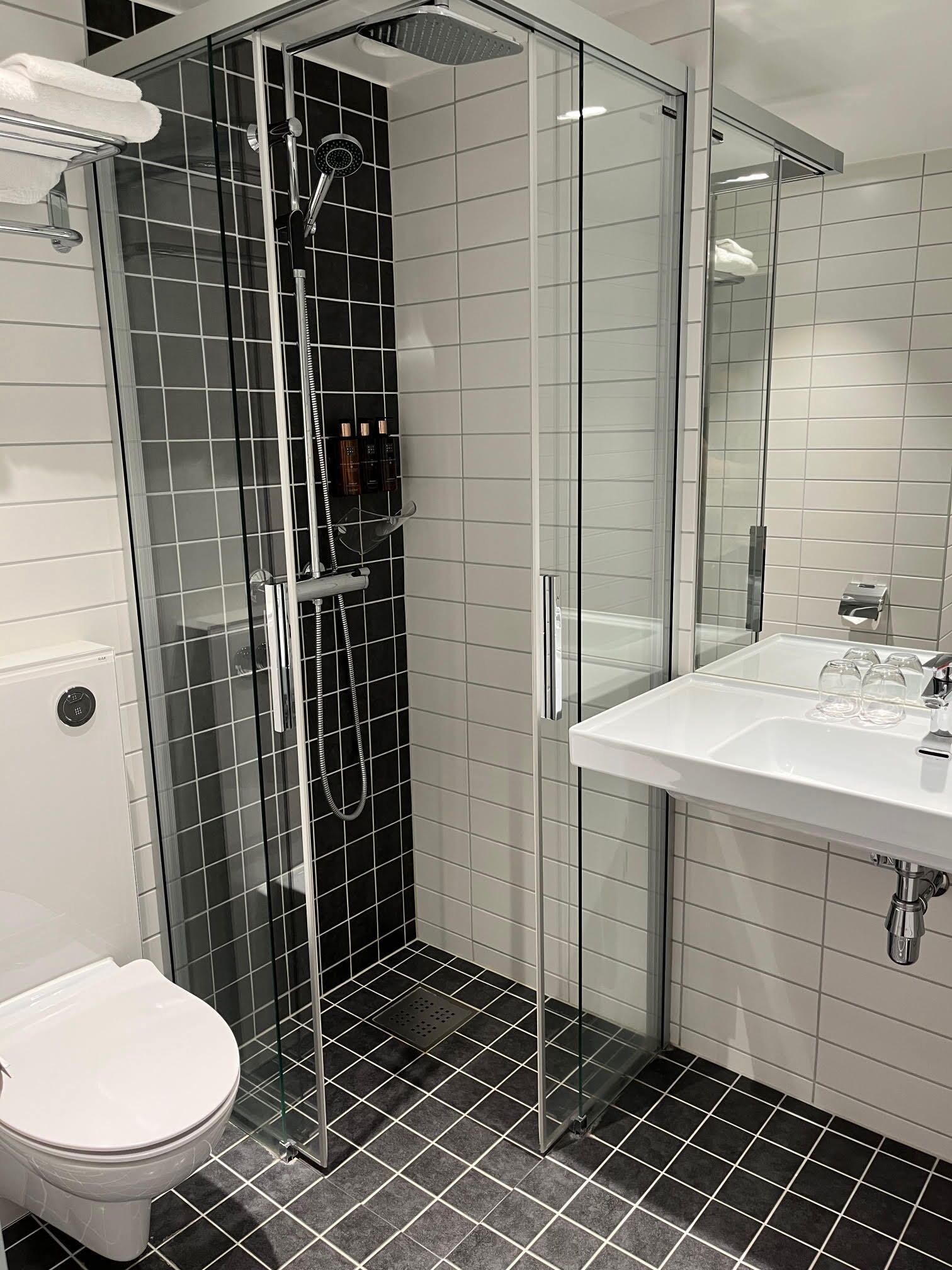 A modern bathroom with a glass-enclosed shower, a white sink, and a toilet.