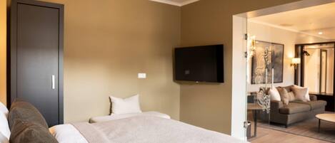 Una habitación de hotel con cama, televisión, sofá y espejo.
