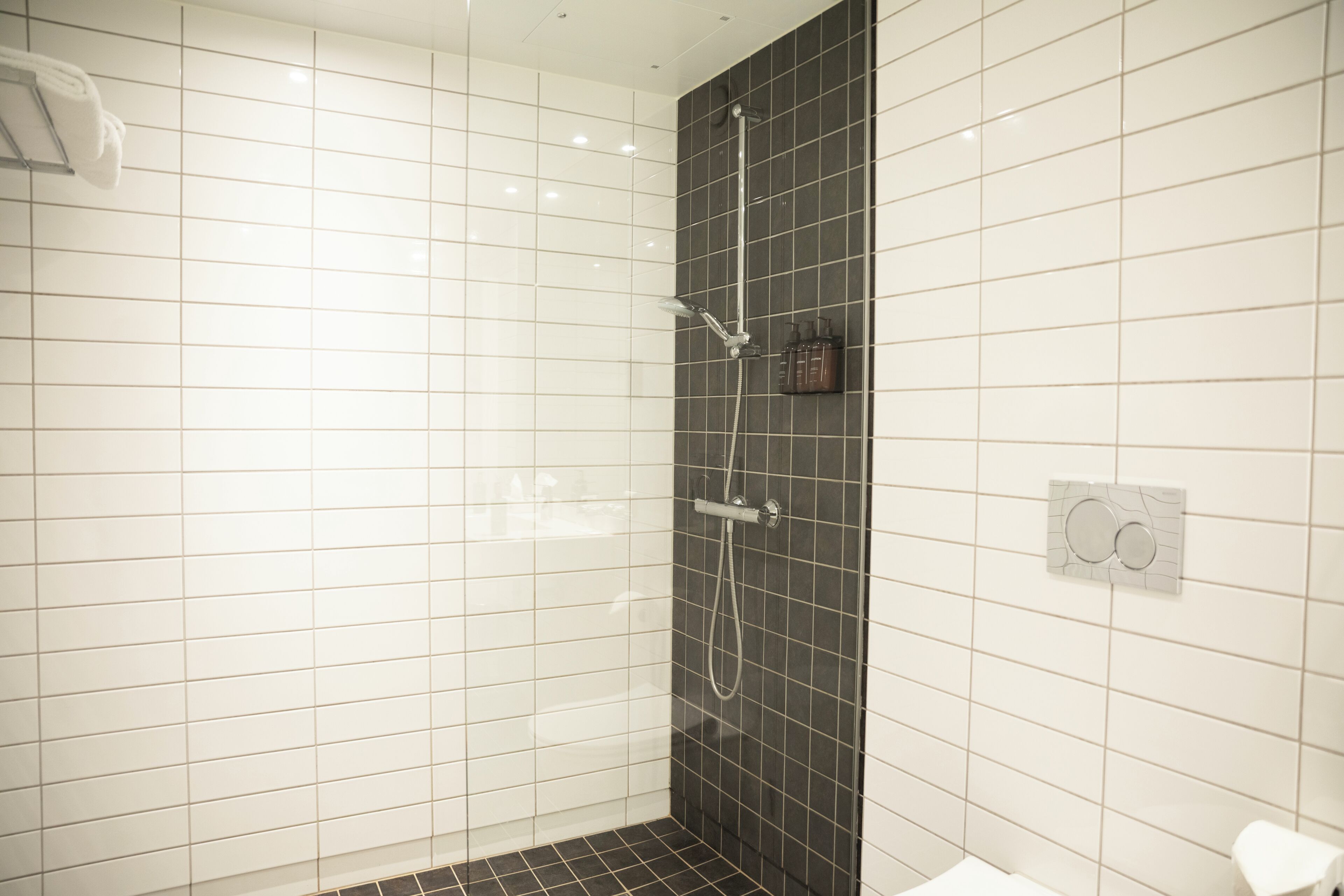 Ein Badezimmer mit weißen und schwarzen Fliesen, einer Dusche inklusive Handbrause sowie einem Handtuchhalter.