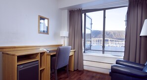 1 bedroom, desk, laptop workspace, blackout curtains