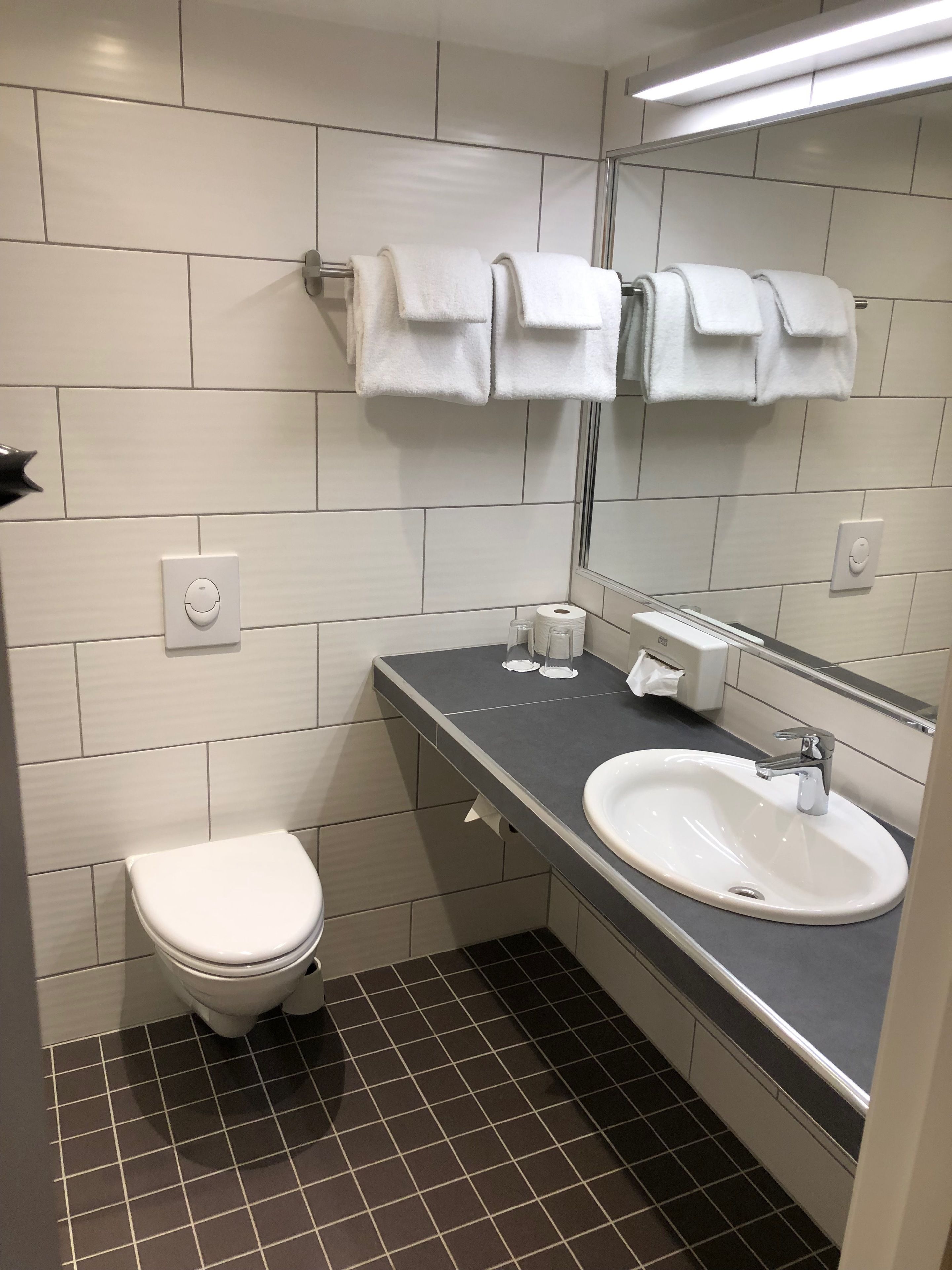 Un baño moderno con inodoro, lavamanos y toallero.