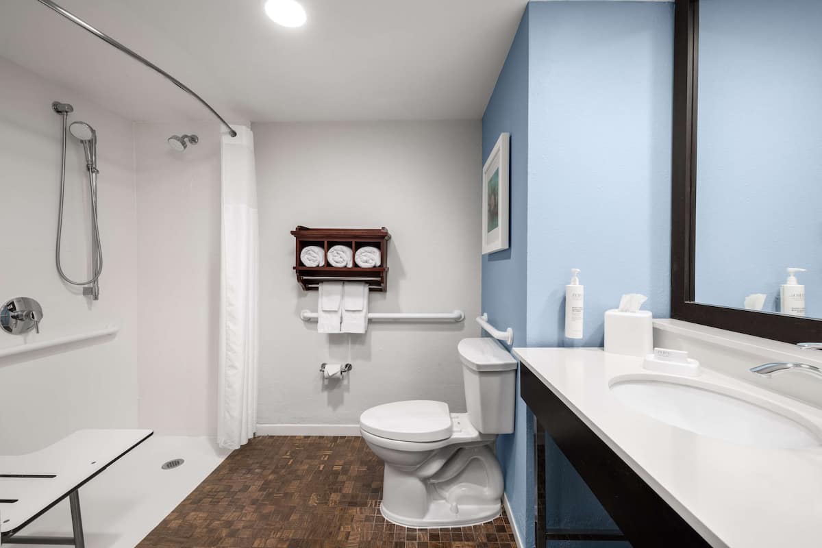 A modern bathroom with a shower, toilet, and sink.