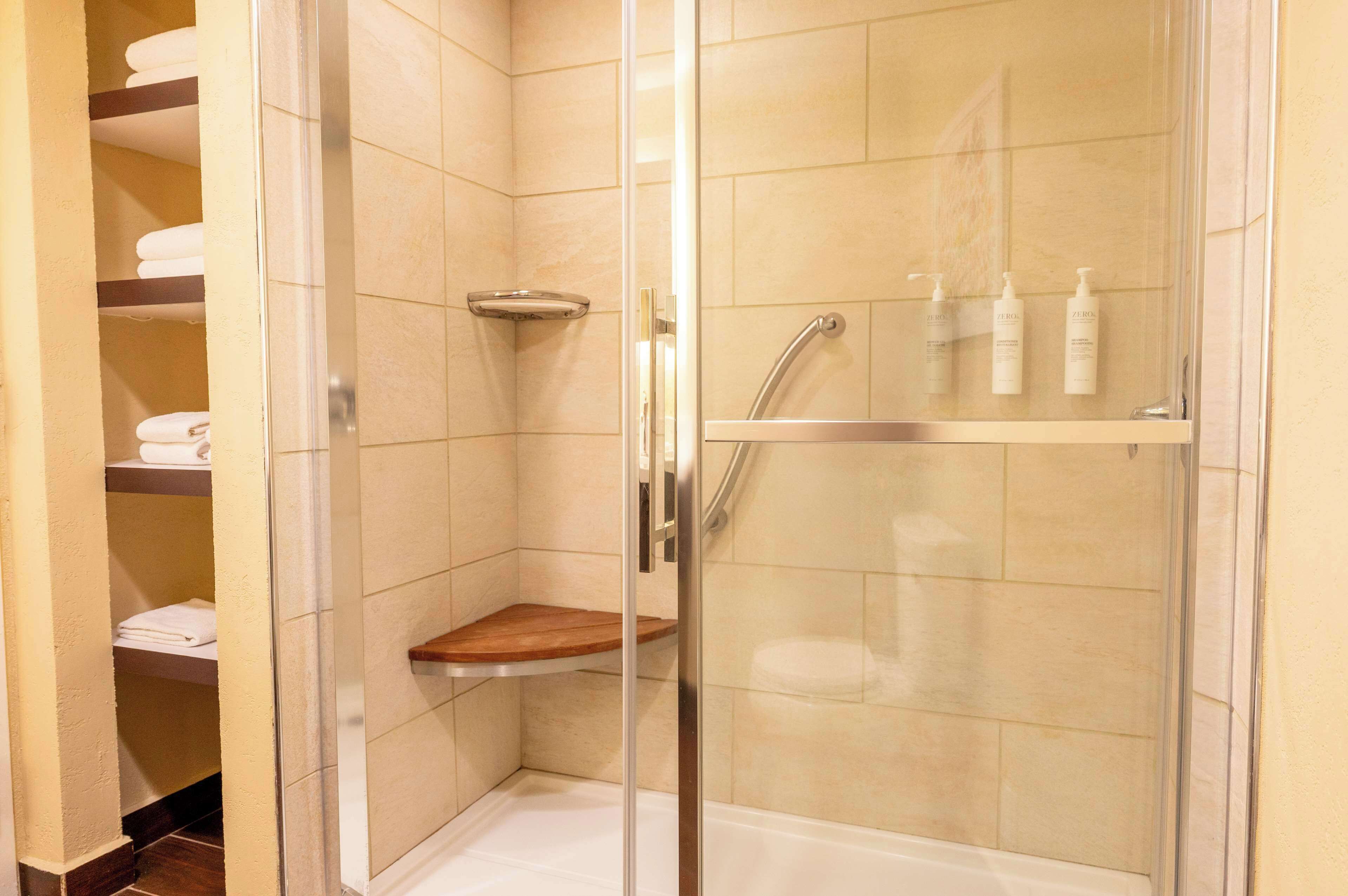 premium suite, 2 queen beds | bathroom | eco-friendly toiletries, hair dryer, towels