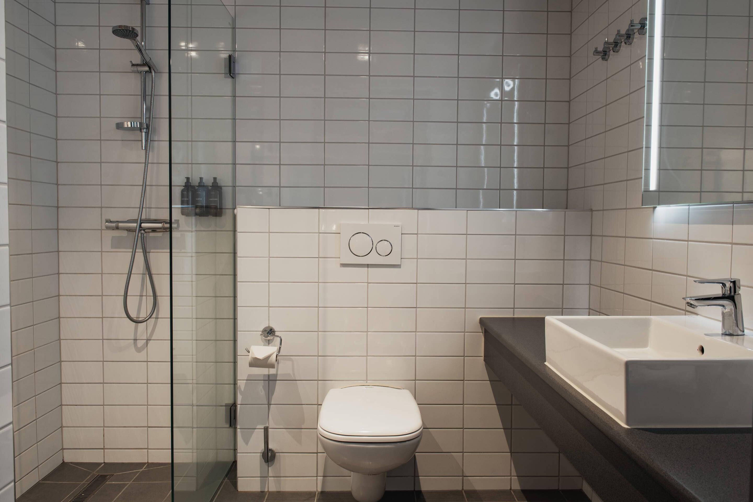 A modern bathroom with a glass shower enclosure, a white toilet, and a large sink with a mirror above it.