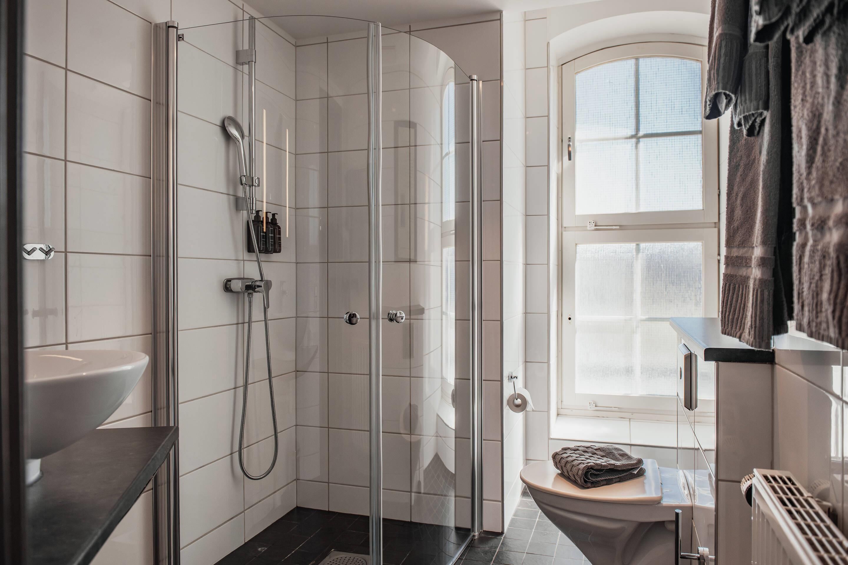 A modern bathroom with a glass shower enclosure, a toilet, and a sink.