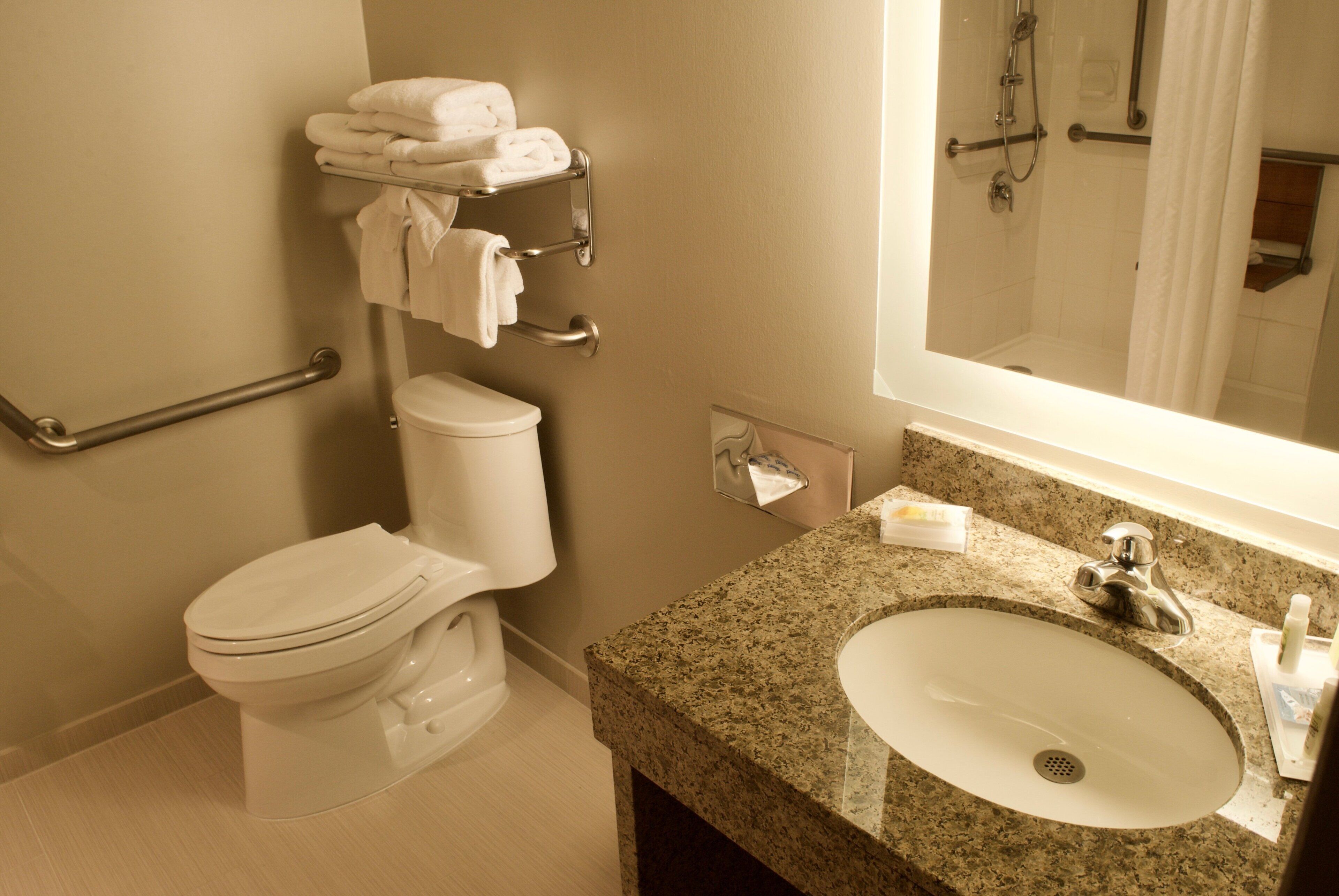 A bathroom with a toilet, a sink, a mirror, and a towel rack.