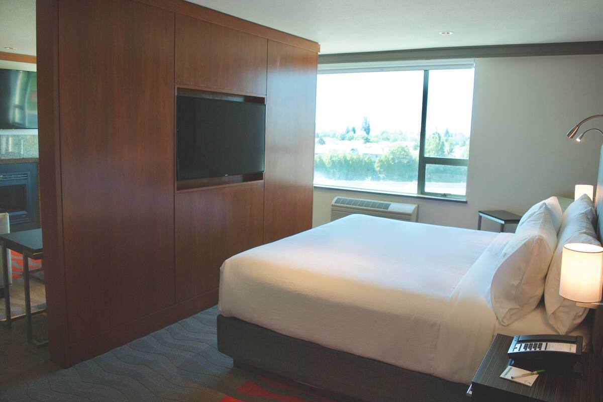 Une chambre d’hôtel avec un grand lit, un téléviseur fixé au mur, une fenêtre donnant sur la verdure et un bureau avec une lampe.
