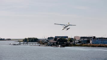 Um avião pousando em um corpo de água perto de um cais e edifícios.