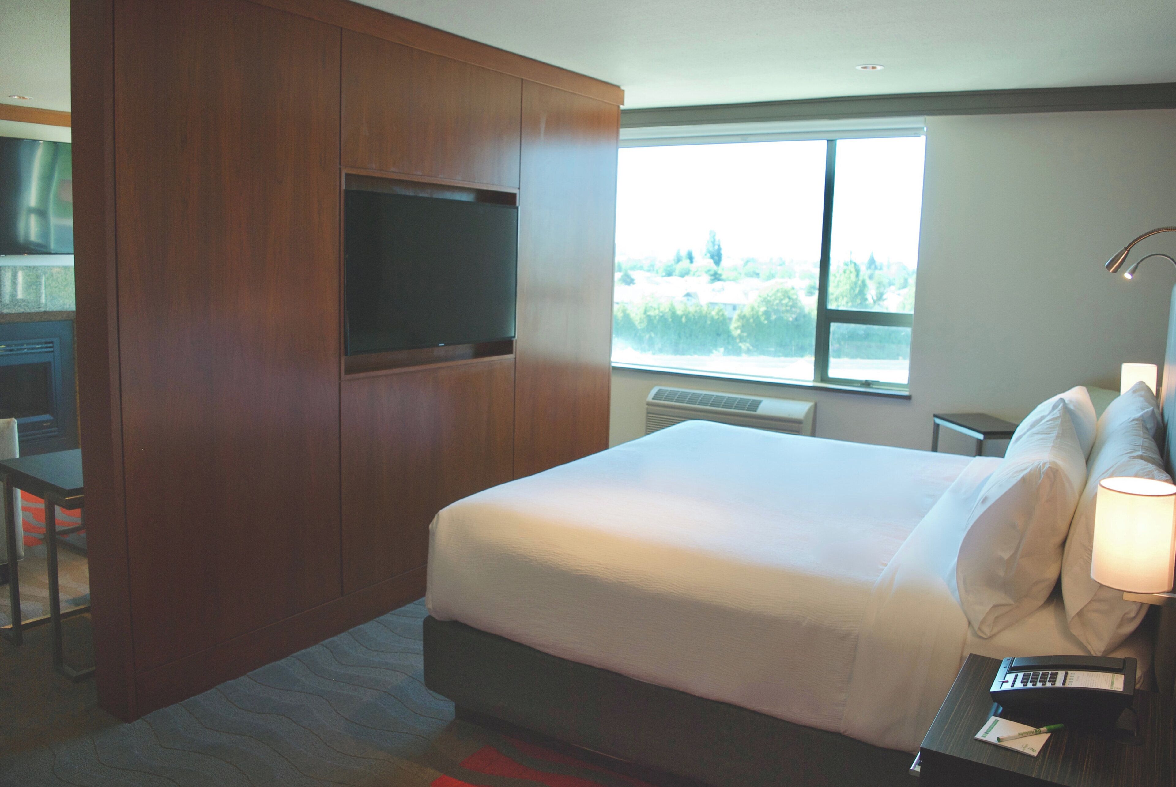 Habitación de hotel con una cama grande, un televisor montado en la pared, un escritorio con lámpara y una ventana con vistas a zonas verdes.