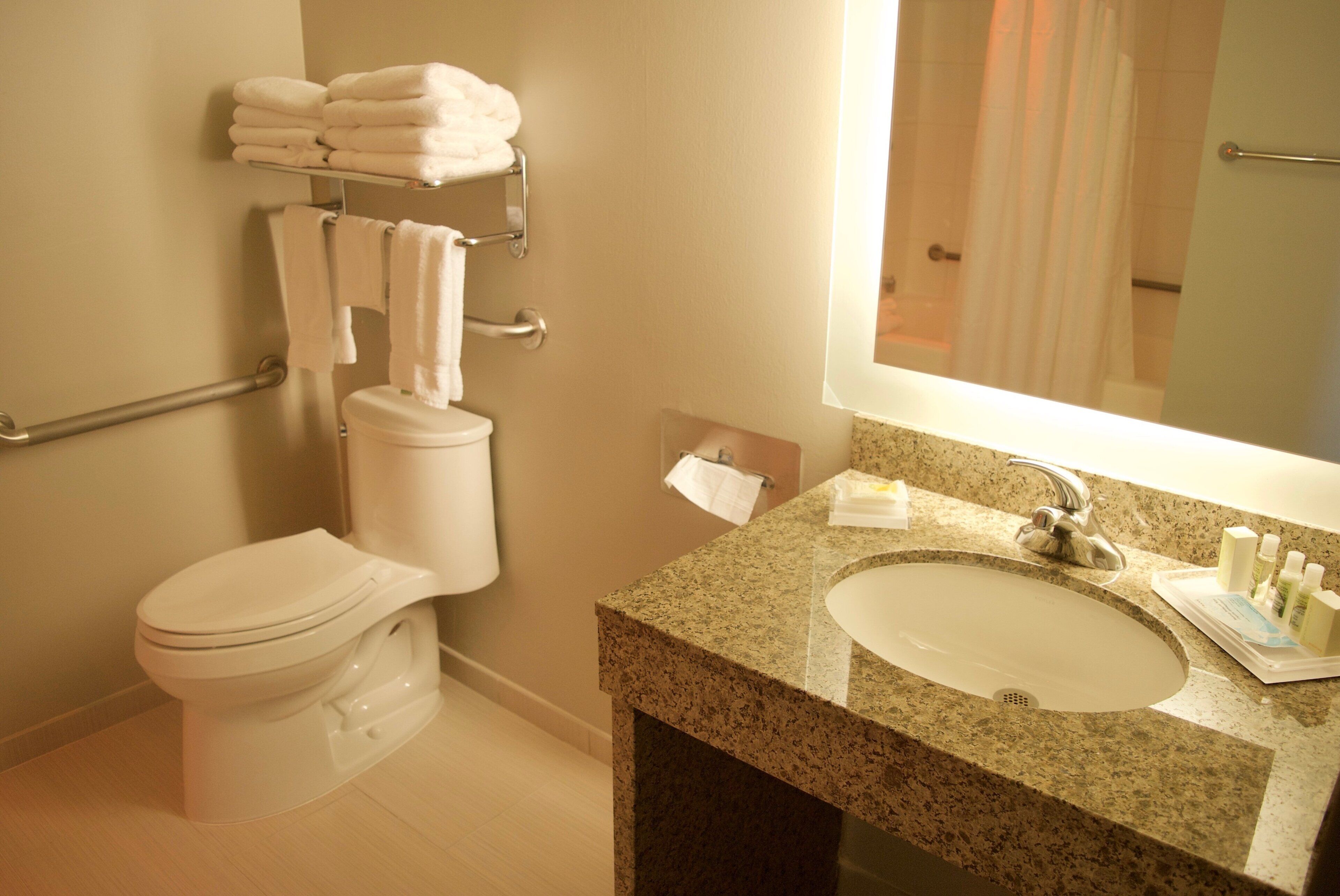 Ein Badezimmer mit Toilette, Waschbecken und Spiegel.