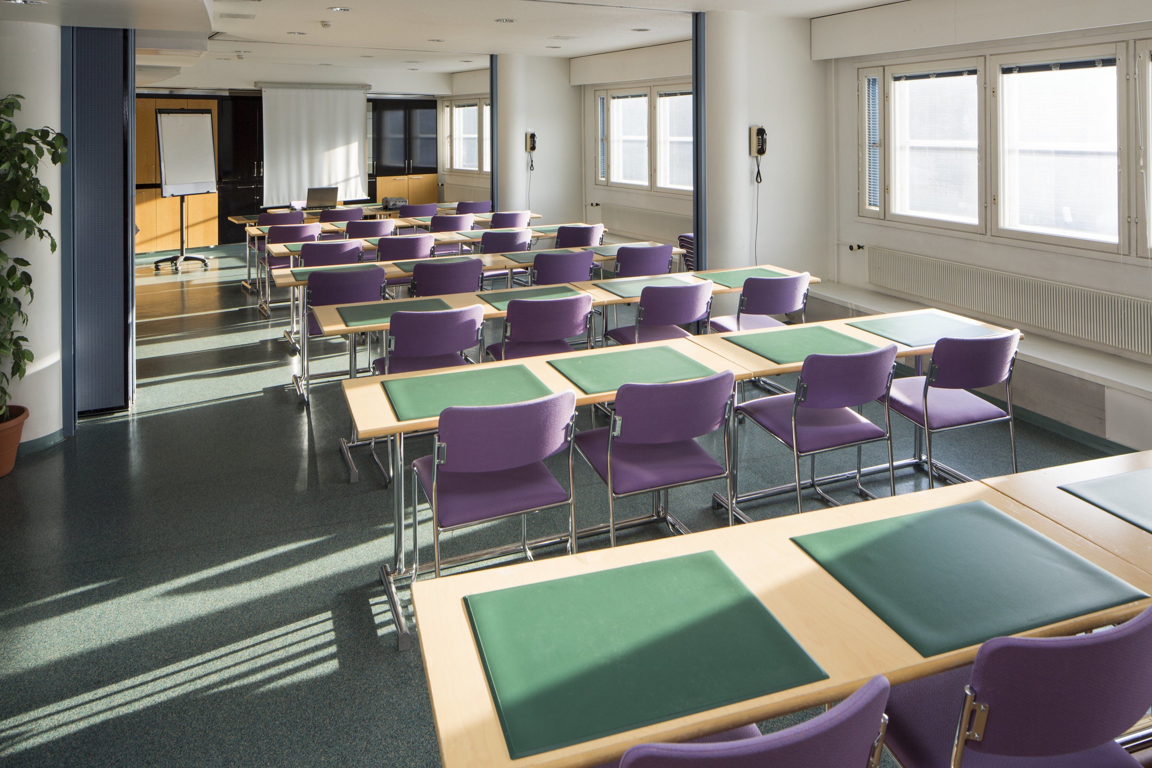 A classroom with rows of desks and chairs, large windows, and a whiteboard.