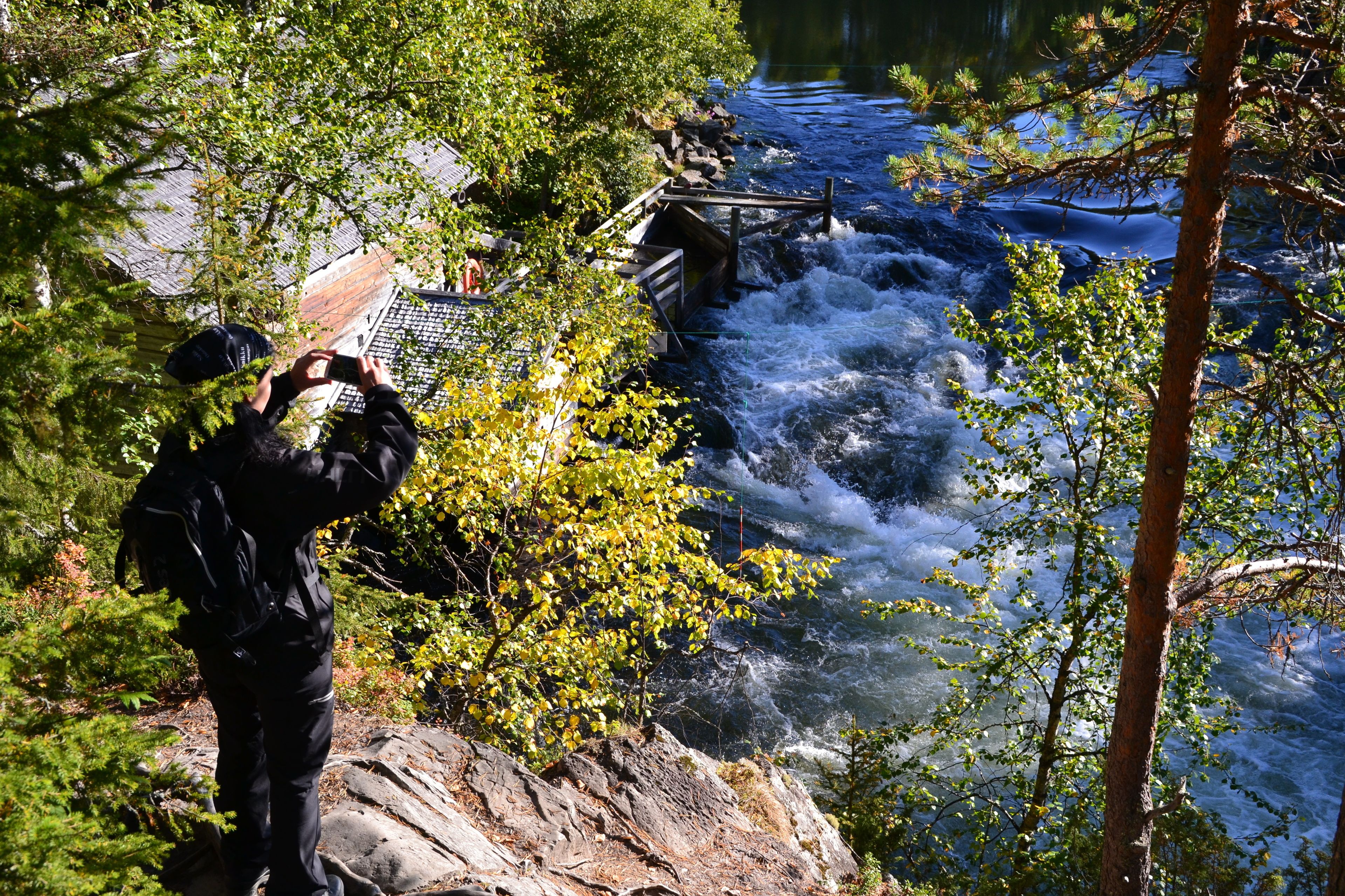 En person fotograferer en flod med en bro i baggrunden.