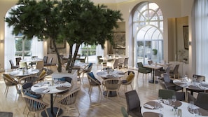 Dinner served, French cuisine, garden views
