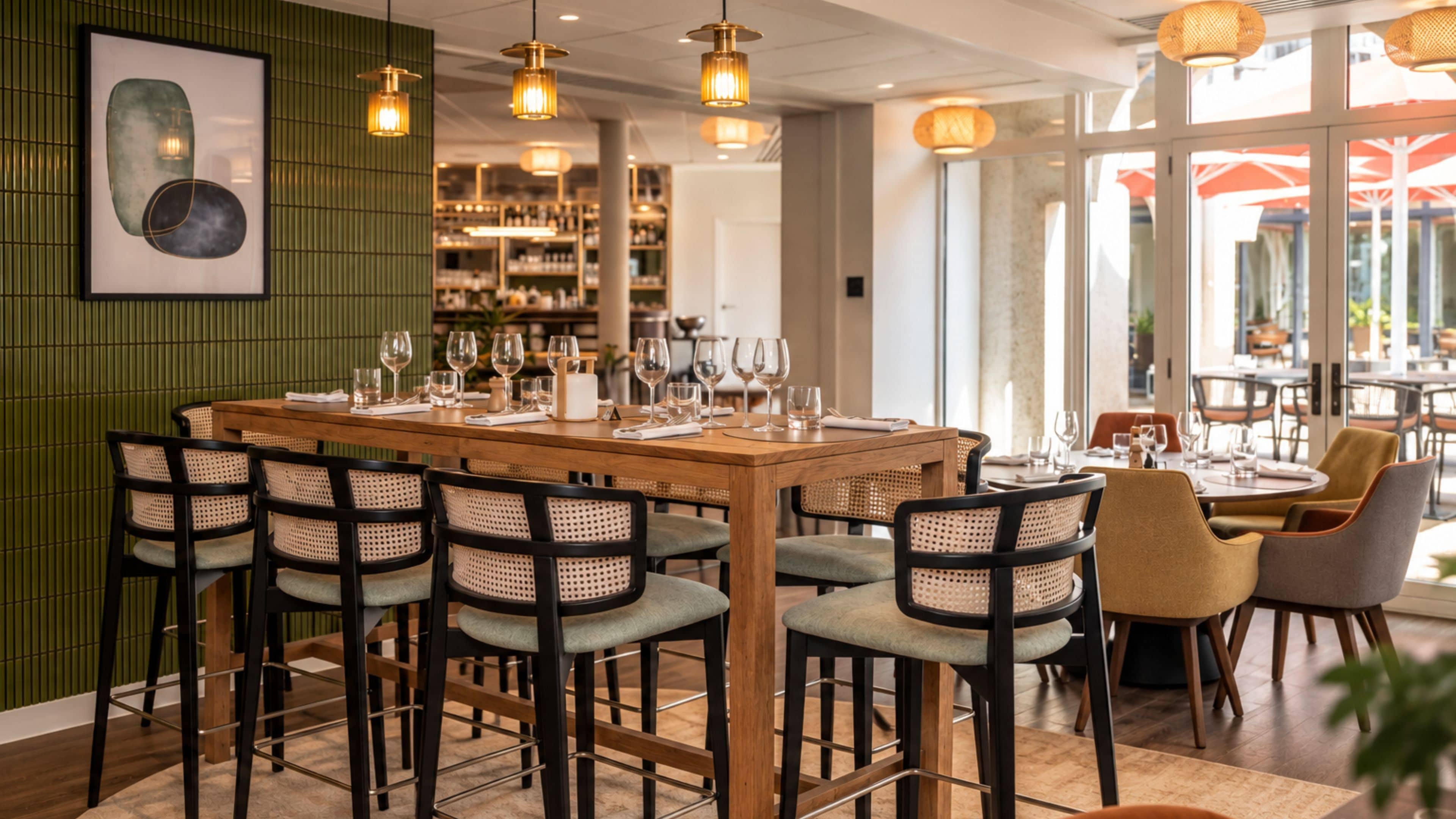 A restaurant with a long wooden bar, multiple seating areas, and a green wall with a framed artwork.