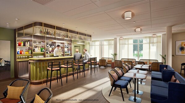 A bar area with a bartender, bar stools, and shelves with bottles. There are tables and chairs in the dining area. - voco Le Touquet by IHG (Le Touquet-Paris-Plage)