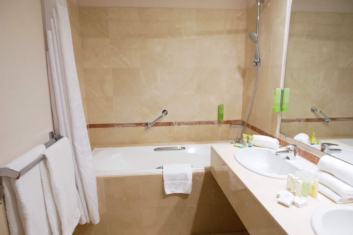 combined shower/bathtub, free toiletries, hair dryer, towels