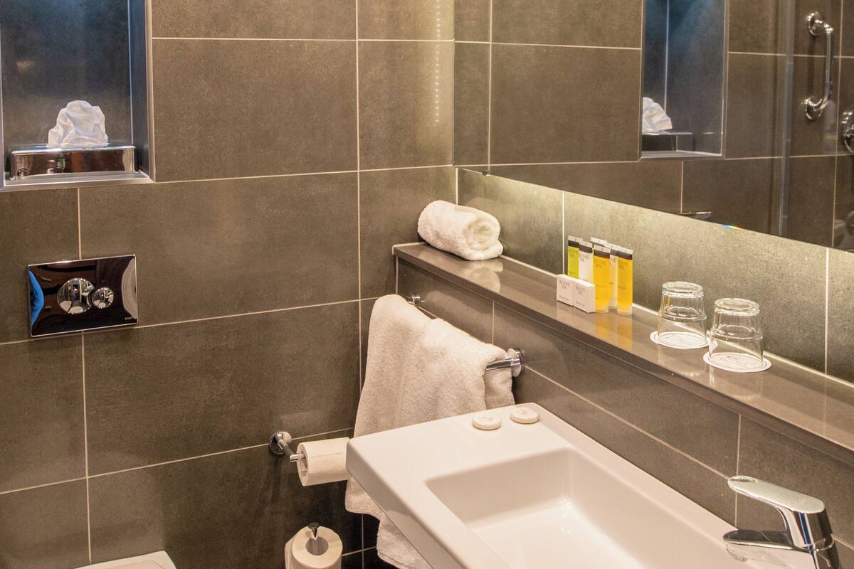 combined shower/bathtub, hair dryer, towels