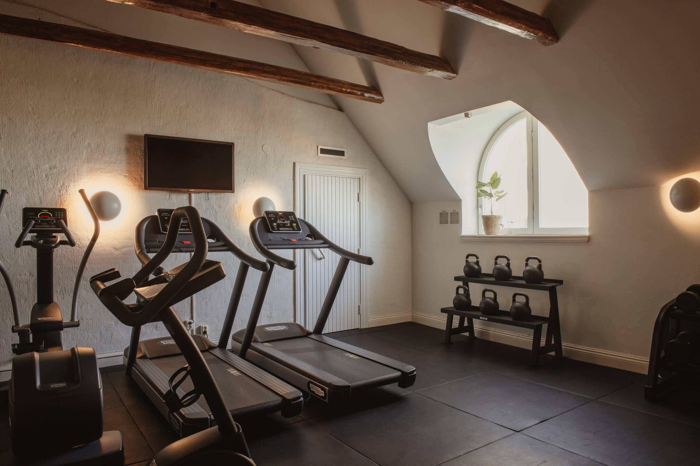 A home gym with treadmills, a stationary bike, and kettlebells.