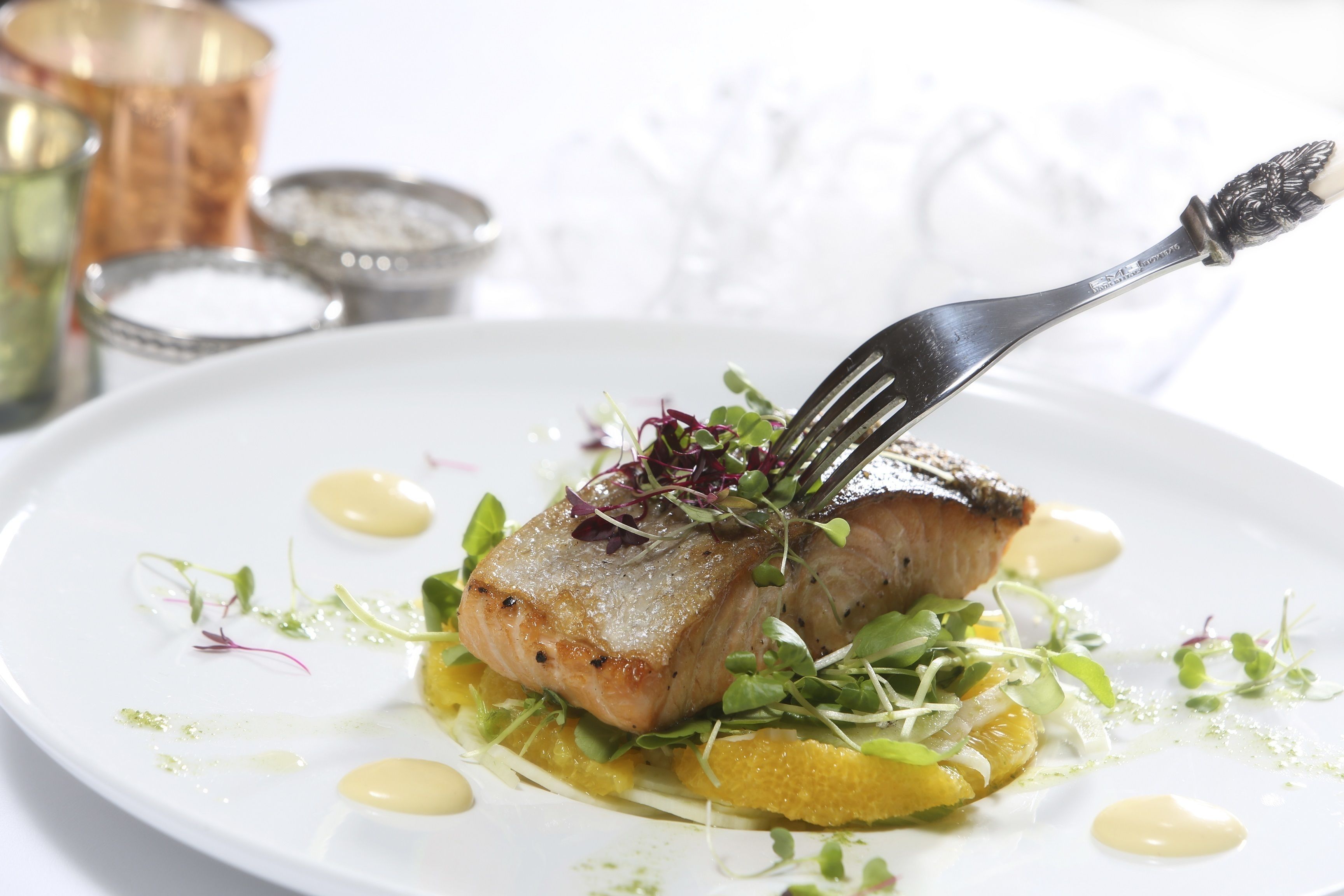 A white plate with a piece of grilled fish, garnished with microgreens and a sauce.