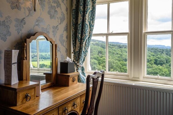 A room with a wooden dresser, a mirror, a window with a view of a forest, and a radiator.