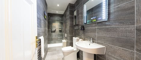 A modern bathroom with a large mirror, a toilet, and a sink.