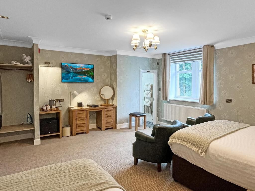 A bedroom with a bed, a chair, a desk, a mirror, a television, and a window.