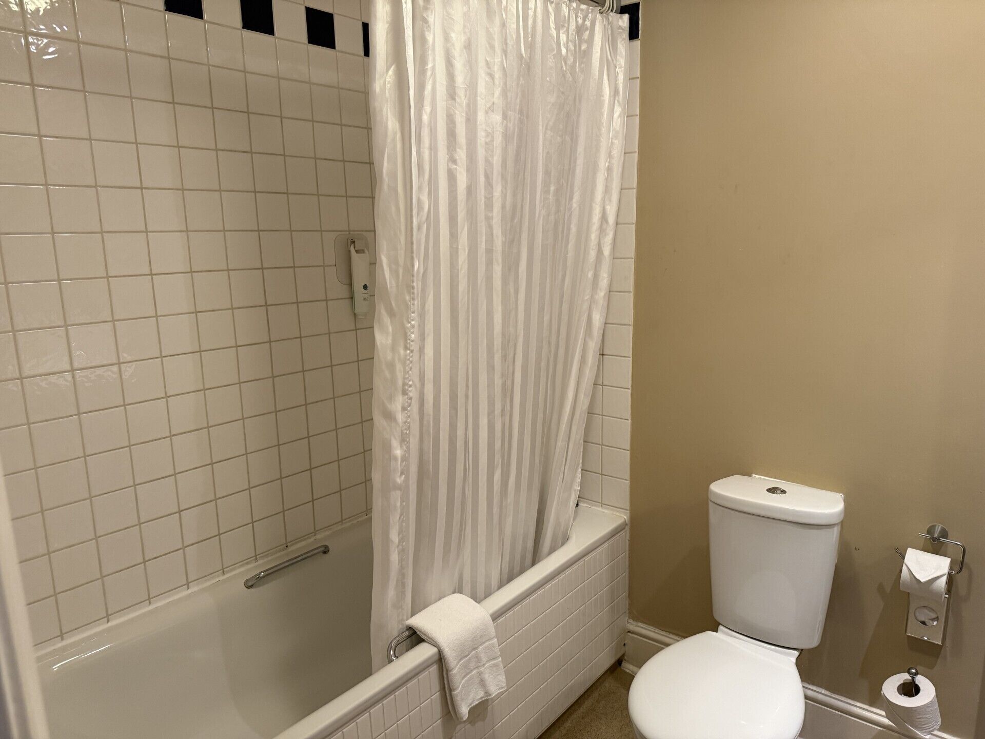 Un baño con bañera, inodoro y cortina de ducha.