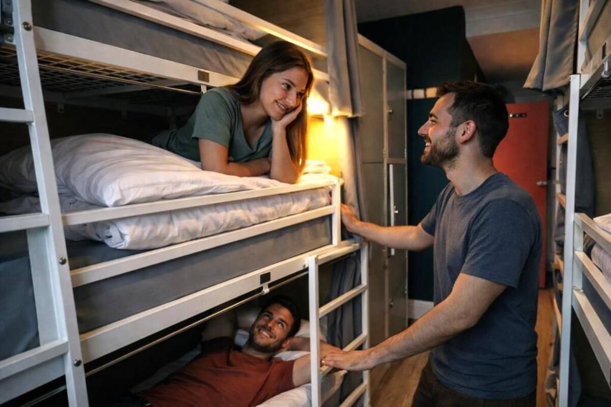 A bunk bed room with a person standing and another lying down.