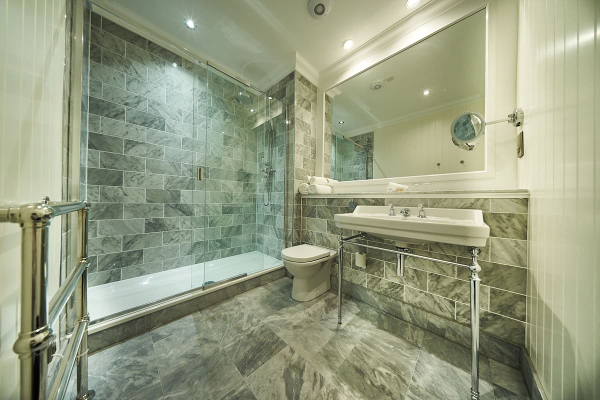 combined shower/bathtub, free toiletries, hair dryer, towels