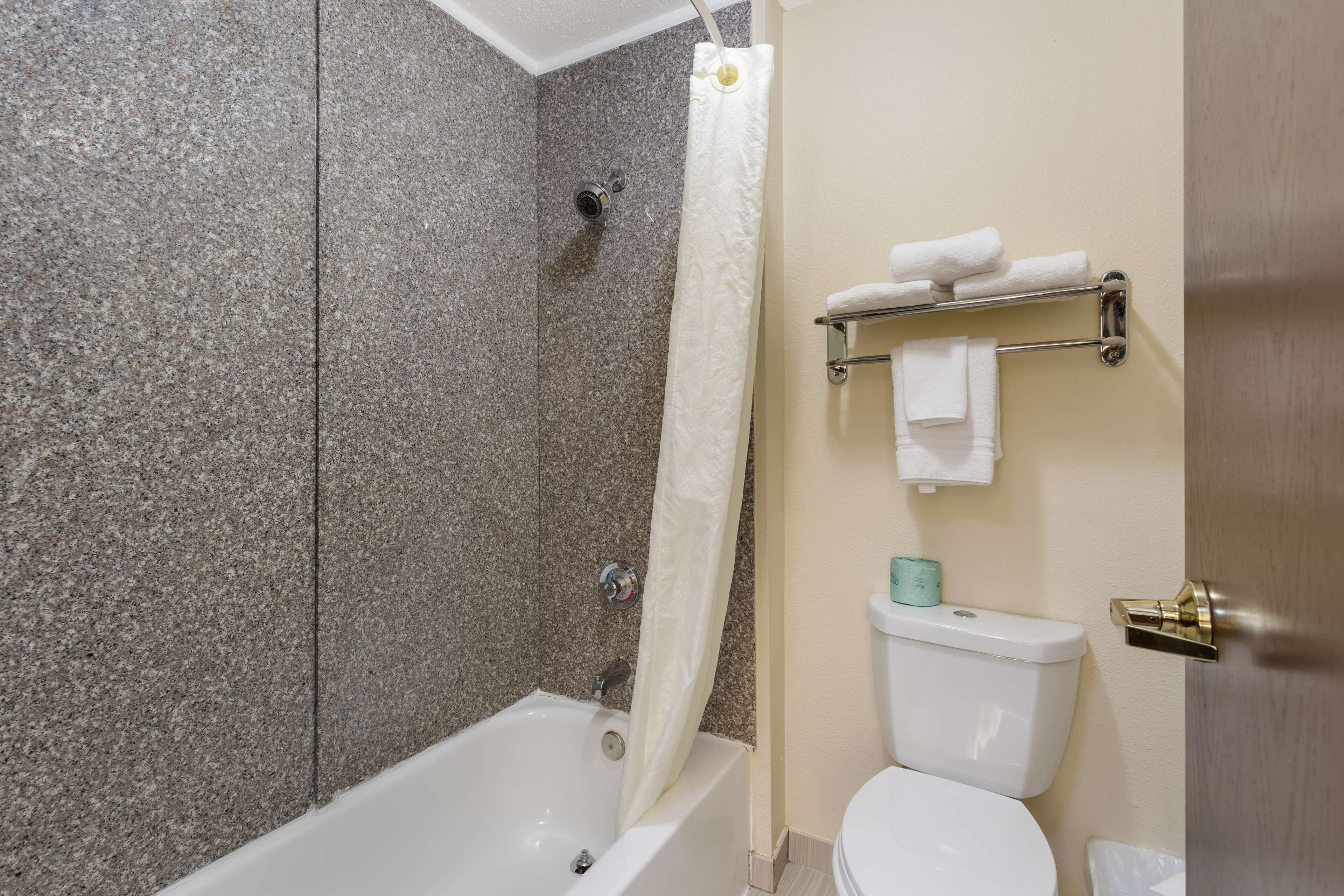A bathroom with a bathtub, shower, toilet, and towel rack.
