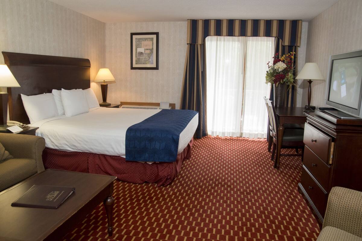 Une chambre d’hôtel avec un lit, un bureau, une télévision et une chaise.