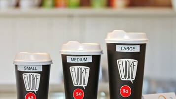 Three coffee cups labeled SMALL, MEDIUM, and LARGE with ratings of 4.5, 5.0, and 5.5 respectively.