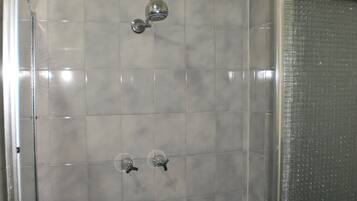 A shower area with a tiled wall, a glass door, and a metal shower head.